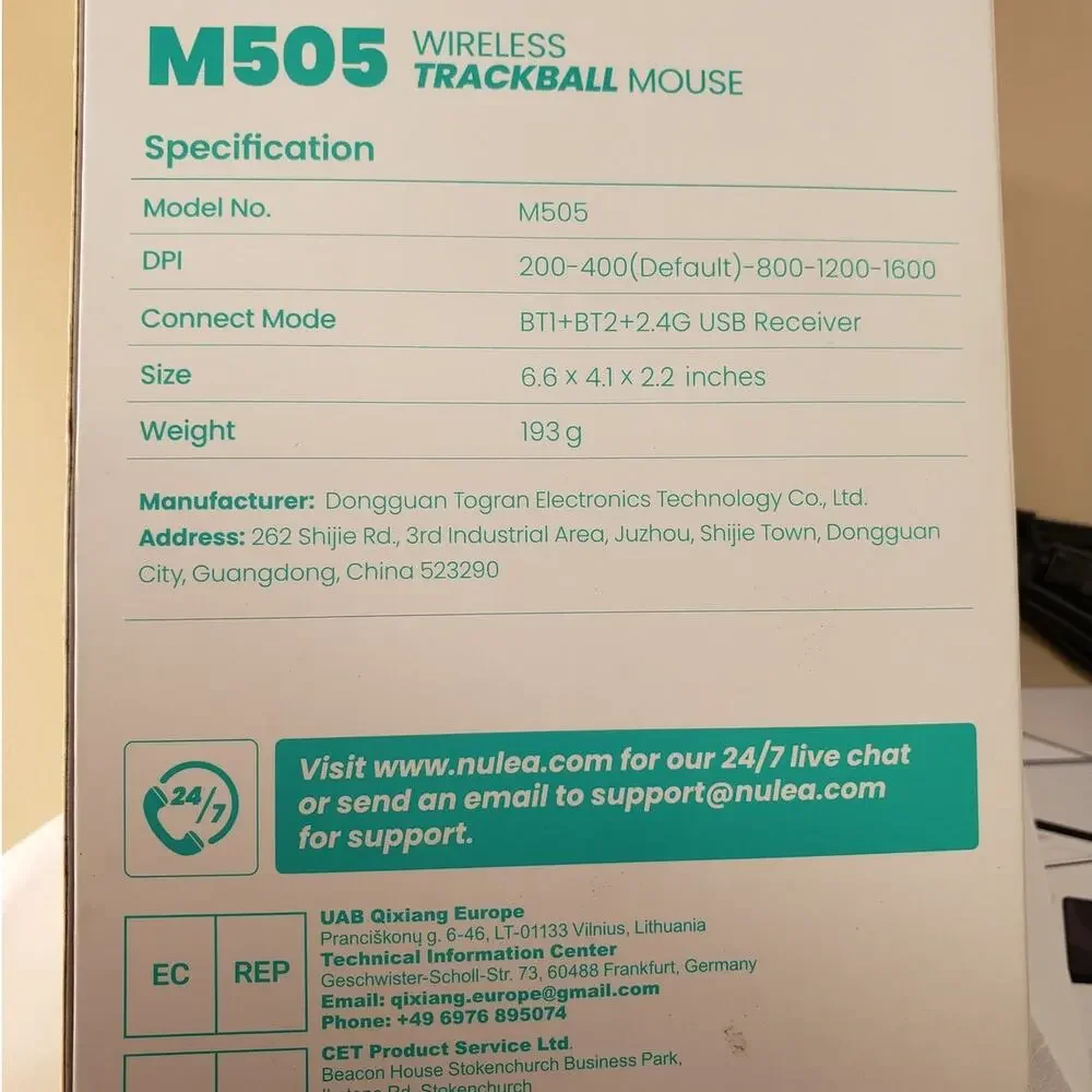 Nulea M505 Wireless Ergonomic Trackball Mouse, Rechargeable, Bluetooth or USB